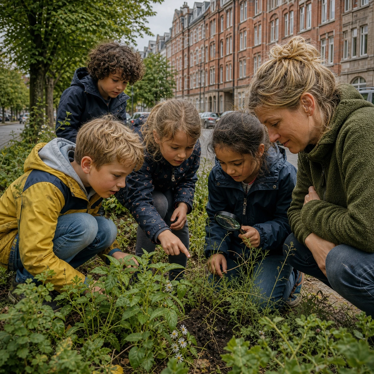 Kinder untersuchen Pflanzen in einem neuen Straßenbeet